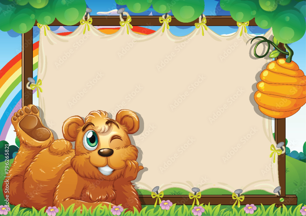 Fototapeta premium Cartoon bear beside a blank decorative banner.