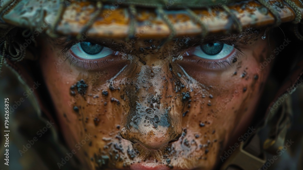 Close up on face of soldier's portrait, showcasing the physical and emotional toll of enduring hardships on the frontline.