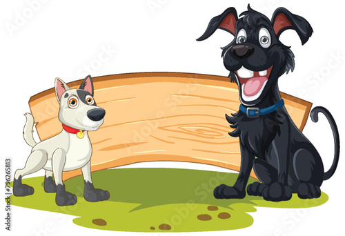 Two cartoon dogs playing tug-of-war with stick