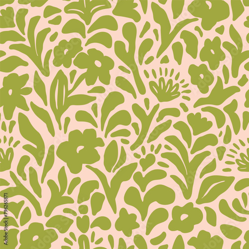 Vintage vector seamless pattern in style of paper cut. Minimal abstract organic shapes pattern. Modern, ethnic fashion design for fabric. Collage contemporary print.