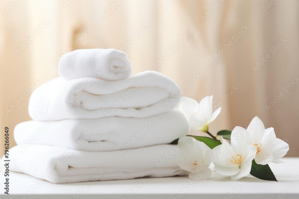 Spa concept - stacked soft towels with white flowers