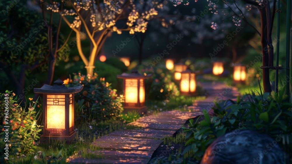 Softly glowing lanterns lining a pathway through a garden, guiding the way and creating a magical ambiance for evening strolls under the moonlight.