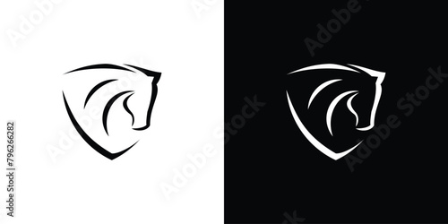 Minimal Horse Shield Logo. Horse and Shield with Minimalist Style. Horse Icon Symbol Logo Design Template.
