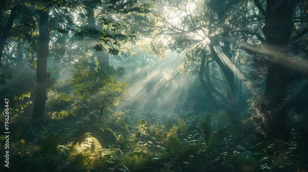Obraz premium Sunlight filtering through the branches of a dense forest at dawn, creating a magical woodland scene