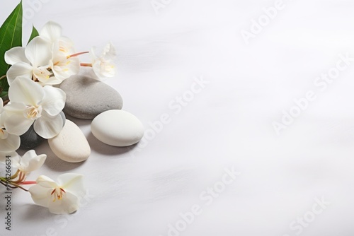Top view of white flowers with smooth pebbles. Copy space  spa concept