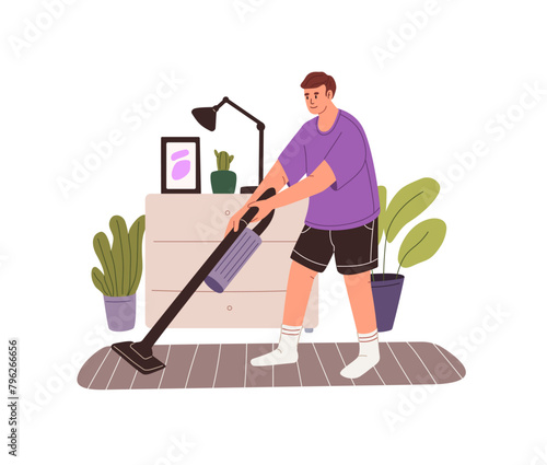 Happy person cleaning home with vacuum cleaner. Young man washing floor with electric mop. Boy making cleanup, chores. Housework, housekeeping. Flat isolated vector illustration on white background