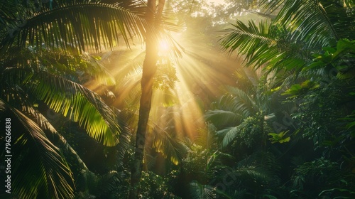 Sunlight streaming through the canopy of a dense jungle at sunrise  illuminating the lush greenery below