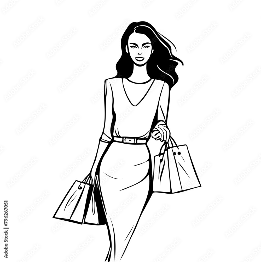 woman is holding shopping bags and smiling. She is wearing a white dress and a black belt woman is holding shopping bags and smiling. She is wearing a white dress and a black belt
