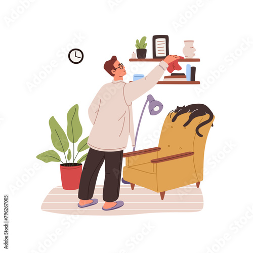 Person wipes dust on shelves, dirty bookshelves with duster in house. Guy does wet cleaning at home with cloth. Man doing housework, chores. Flat isolated vector illustration on white background