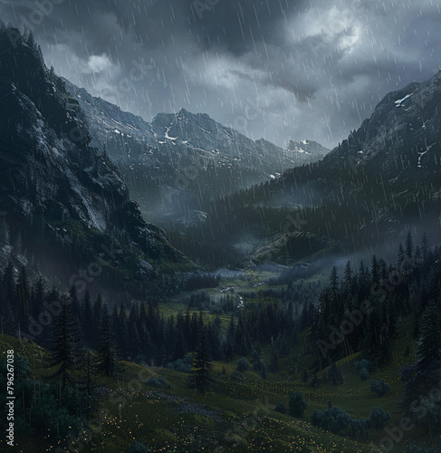 mountain valley, dark skies sunlight pouring through, rain