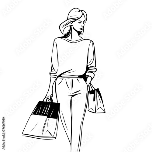 woman is walking with two shopping bags. She is wearing a white shirt and black pants. The image has a simple and clean look, with the focus on the woman and her shopping bags