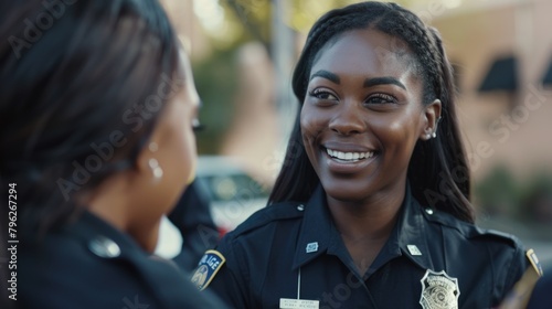 Female police officer conversing with woman, suitable for law enforcement concepts
