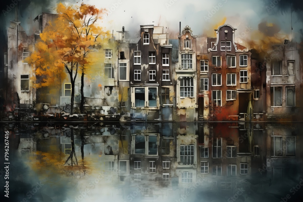 A Painting of a Row of Houses on the Water