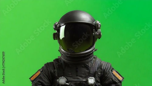 Astronaut in full gear with intricate black spacesuit details, set against a green background, green screen 