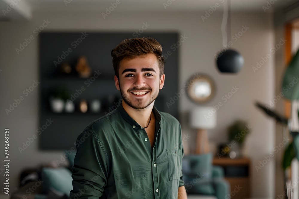 Confident Young Professional Life Coach Smiling in Home Living Room Confident Young Professional Life Coach Smiling in Home Living Room