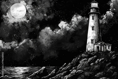 A black and white drawing of a lighthouse at night. Suitable for various design projects photo