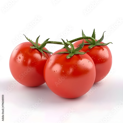 three juicey tomatoes on a white background, Fresh ripe tomatoes isolated on white background, Three tomatoes on a branch isolated on white