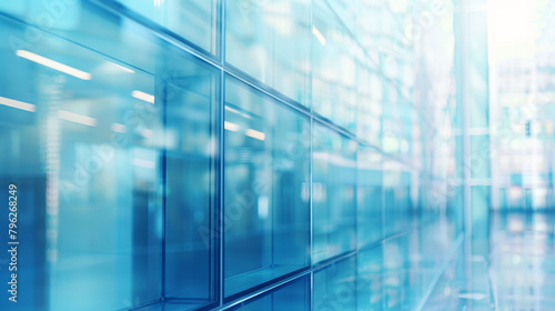 Blue glass wall of modern office building with reflection. Abstract background. AI.