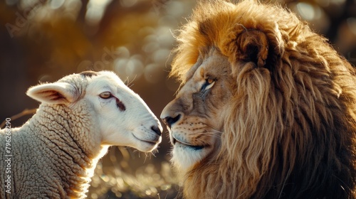Image of a lion and a sheep standing side by side. Suitable for illustrating friendship or unlikely pairs