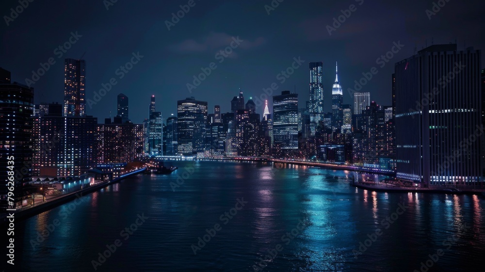 The city skyline comes to life as night falls, with a riverside skyscraper illuminated against the darkness, exuding a sense of vitality and sophistication.