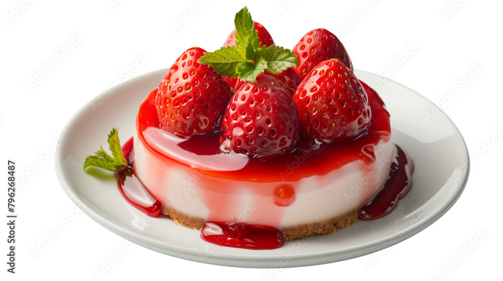 Delicious strawberry cheesecake with fresh berries, creamy mint, and chocolate, on a white plate Delicious strawberry cheesecake with fresh berries, creamy mint, and chocolate, on a white plate