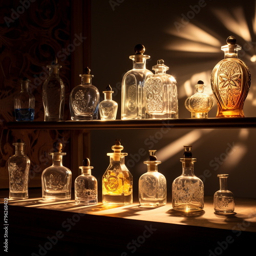 Dramatic shadows and light play on a set of perfume bottles arranged in an artistic display. - Image #2 @Kainat Nadeem Khan photo