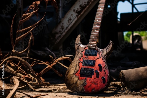 Red and Black Guitar Resting on the Ground