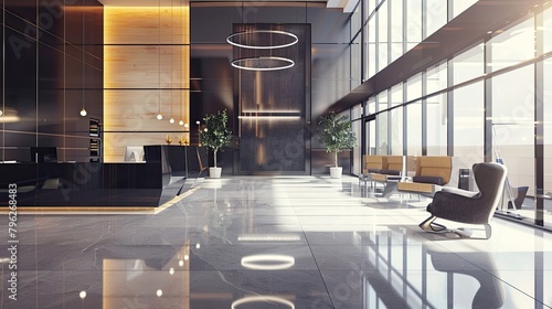 The hotel lobby features an elegant reception desk and modern interiors. Comfort, minimalism, tiles, marble, reception, luxury, main hall. Advertising image concept for hotels. Generative by AI photo