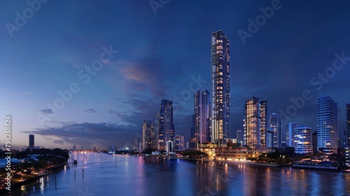 The city skyline comes to life as night falls  with a riverside skyscraper illuminated against the darkness  exuding a sense of vitality and sophistication.