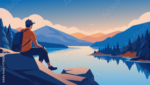 A solo hiker enjoying the peacefulness of a secluded spot by a serene lake as they sit atop a boulder and take in the stunning view around photo