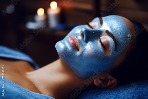 Relaxed young woman enjoys a procedure with a clay mask