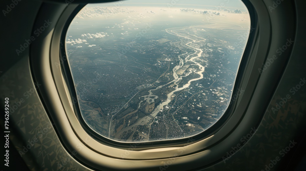 View of cloudy heights from inside an airplane window View of cloudy heights from inside an airplane window