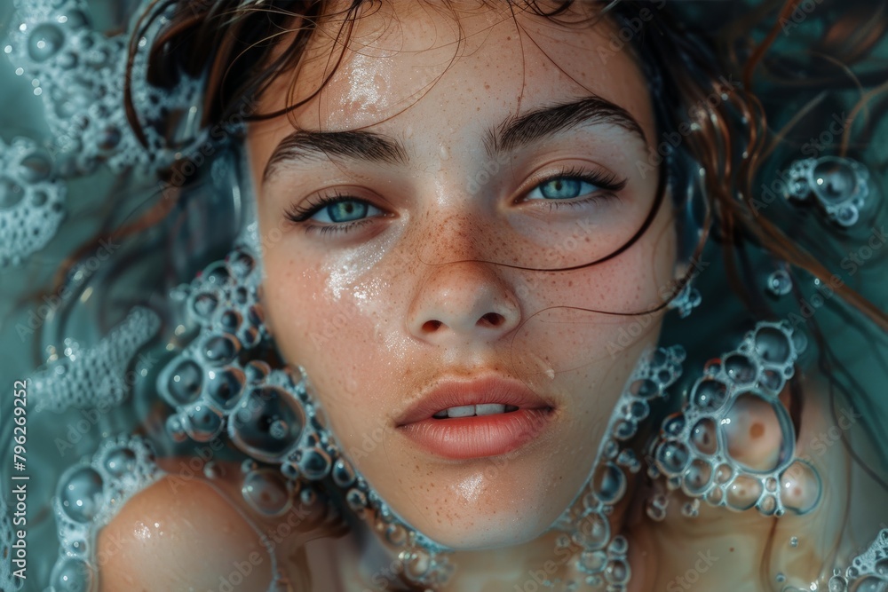An intense close-up of a young woman submerged in clear water with bubbles