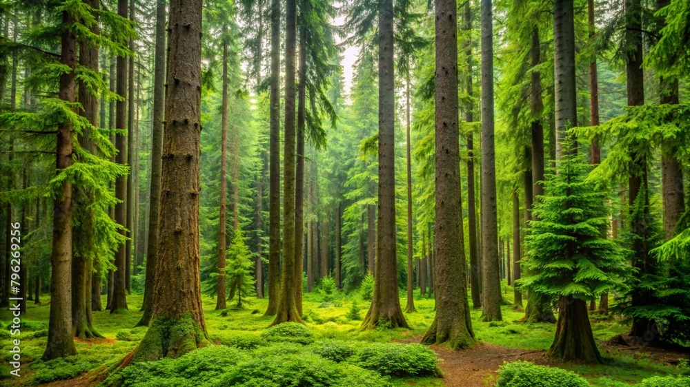 Old growth forest of healthy green spruce, fir and pine trees Old growth forest of healthy green spruce, fir and pine trees