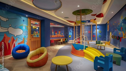 Kids club in the hotel with play areas and entertainment for kids. Interior, tiles, toys, locks for children, entertainment, kindergarten. Advertising image concept for hotels. Generative by AI