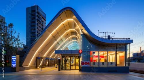 The exterior of a modern subway station, its sleek architecture and vibrant signage signaling the gateway to a city's efficient and accessible public transit system. photo