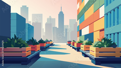Along a bustling city sidewalk a row of colorful painted pallets have been turned into flower boxes their sy structure providing the perfect