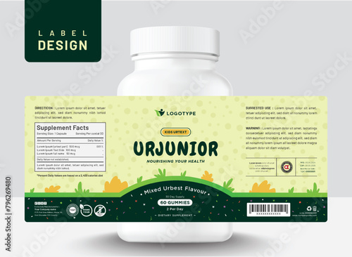 Kids baby food supplement multi vitamin label sticker design and medicine bottle jar box packaging.