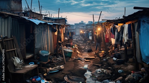 Makeshift housing in slums with overcrowded living quarters. South, poverty, devastation, garbage everywhere, not life, but survival. The concept of poverty in third world countries. Generative by AI photo