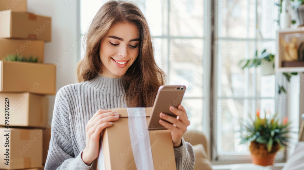 Young smiling woman, using smartphone holding package for logistics, startup inventory and small business or courier. Seller takes online orders, digital technology and e commerce order with boxes Young smiling woman, using smartphone holding package for logistics, startup inventory and small business or courier. Seller takes online orders, digital technology and e commerce order with boxes