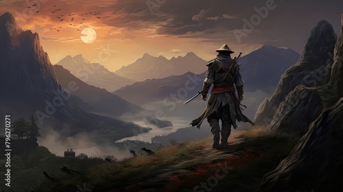 Ronin warrior wandering a rugged mountain path. Japanese aesthetics, silhouette, mountain landscape, long unkempt hair, straw hat, Japanese style. Lonely traveler warrior concept. Generative by AI © Татьяна Лобачова