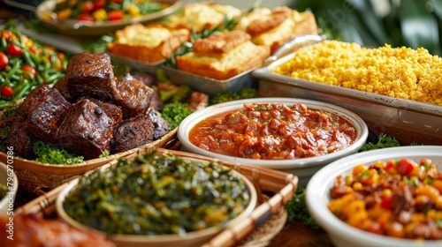 Assortment of Traditional Soul Food Dishes Arranged for a Festive Meal