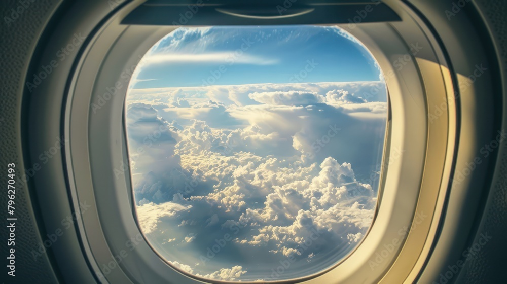 View of cloudy heights from inside an airplane window View of cloudy heights from inside an airplane window