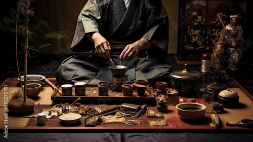 Samurai tea ceremony with intricate rituals and traditions. Japanese aesthetics, ritual, tatami, kimono, ritual, teapot, Japanese dishes, privacy. Secret sacrament concept. Generative by AI photo