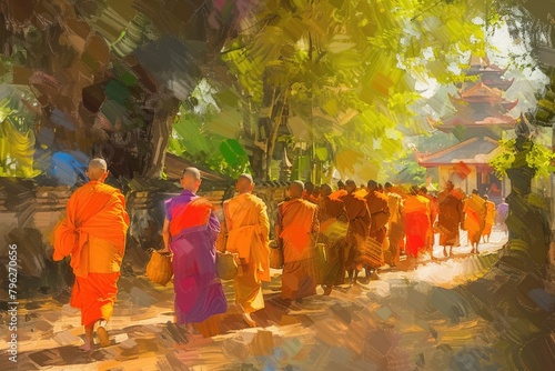 A peaceful scene of monks strolling on a street. Suitable for religious themes