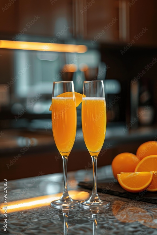 Two glasses of orange juice on a counter. Suitable for food and beverage concepts Two glasses of orange juice on a counter. Suitable for food and beverage concepts
