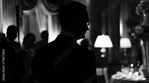 A shadowy figure gathering intelligence at a diplomatic event. Silhouette, many people, secret agent, secret organization. The concept of secret agents and spies in their tracks. Generative by AI © Татьяна Лобачова