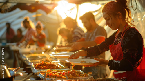 Volunteers Serving Meals at Outdoor Food Station: Community Support During Golden Hour photo