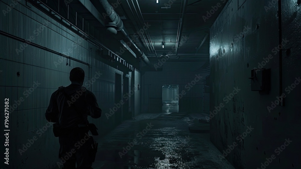 Stealth mission in high-security facility under the cover. Special operation, long corridor with the silhouette of operative, weapons, military, mercenaries. Modern warfare concept. Generative by AI