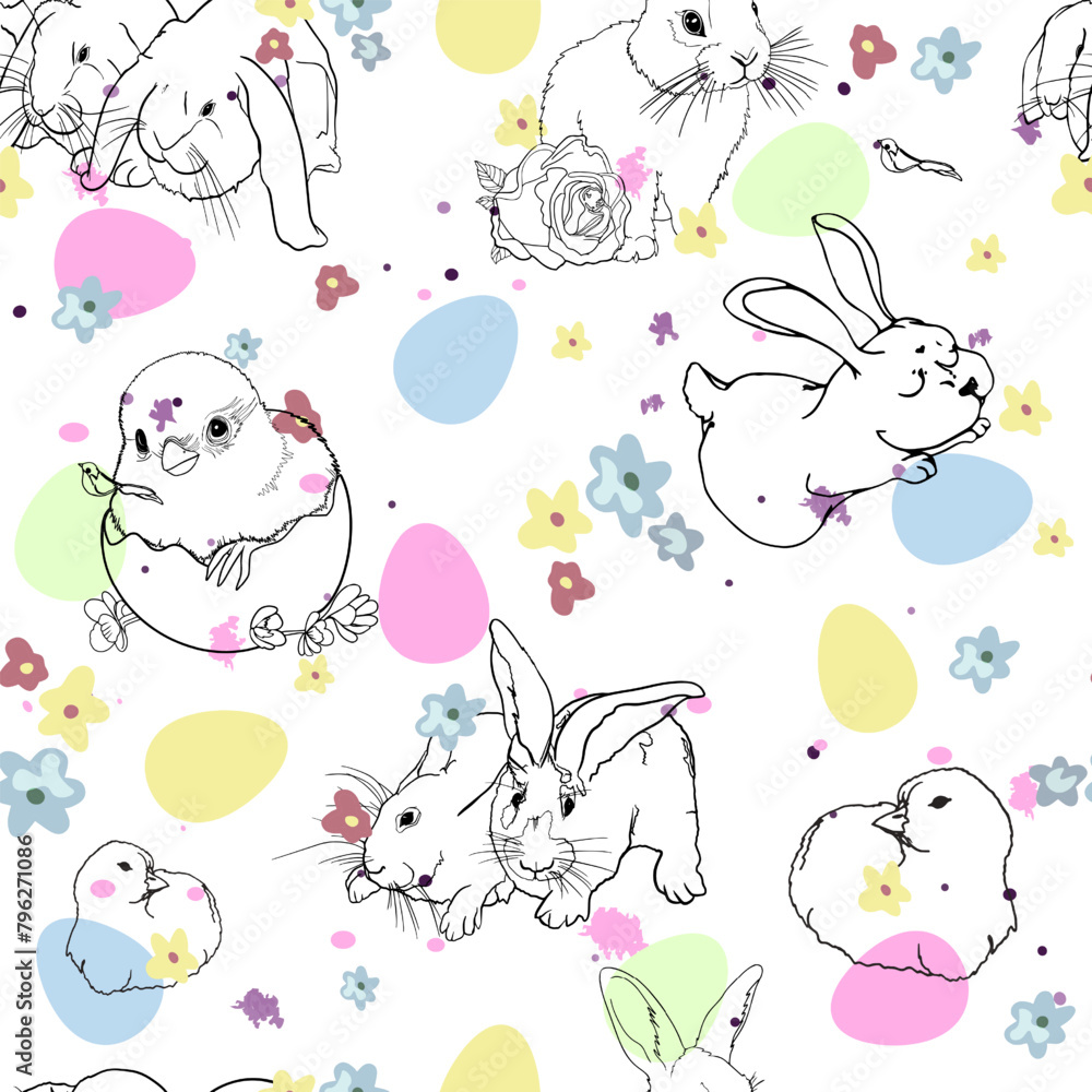 Obraz premium Chickens, hares, rabbits, Easter, pas Halnie eggs. Happy Easter holiday pattern. For printing on prints, t-shirts, logos, sportswear
